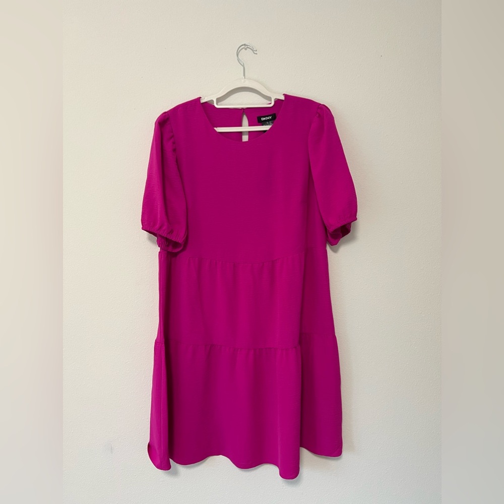 DKNY Raspberry Pink Tiered Puff Sleeve Dress